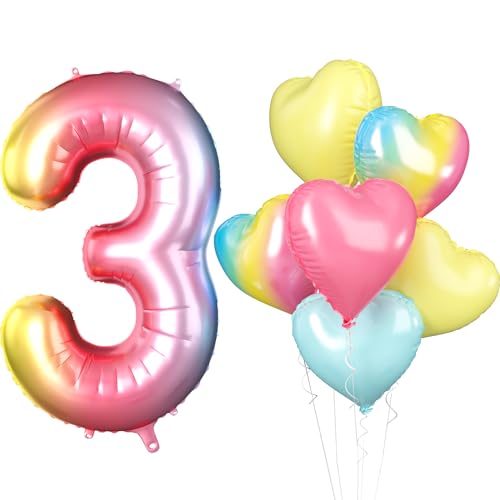 Luftballon 3. Geburtstag, 40 Zoll Regenbogen Zahl 3 Luftballon, XXL 101cm Nummer 3 Folienballon Rosa Gelb Blau Farbverlauf Herzluftballons für Mädchen Babyparty Jubiläum 3. Geburtstag Party Deko von Biapian
