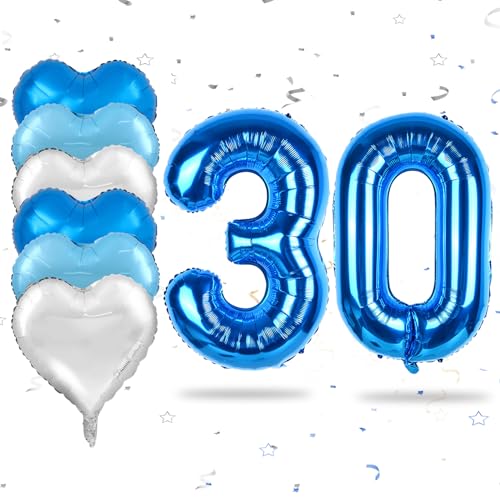 Luftballon 30. Geburtstag, 40 Zoll Blaue Zahl 30 Luftballon, XXL Groß Blau Nummer 30 Folienballon Blau Silber Herzluftballons Helium für Männer Frauen Babyparty Jubiläum 30. Geburtstag Party Deko von Biapian