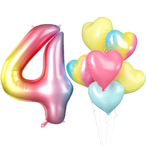 Luftballon 4. Geburtstag, 40 Zoll Regenbogen Zahl 4 Luftballon, XXL 101cm Nummer 4 Folienballon Rosa Gelb Blau Farbverlauf Herzluftballons für Mädchen Babyparty Jubiläum 4. Geburtstag Party Deko von Biapian