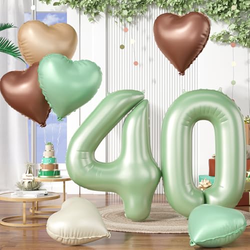 Luftballon 40. Geburtstag, 40 Zoll Salbeigrün Zahl 40 Luftballon, XXL Olivgrün Nummer 40 Folienballon Beige Braune Aprikosen Herzluftballons für Männer Frauen Babyparty 40. Geburtstag Party Deko von Biapian