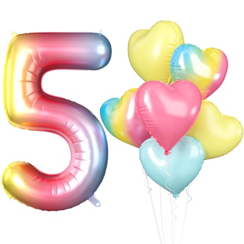 Luftballon 5. Geburtstag, 40 Zoll Regenbogen Zahl 5 Luftballon, 7 Stück 101cm Nummer 5 Folienballon Rosa Gelb Blau Farbverlauf Herzluftballons für Mädchen Babyparty Jubiläum 5. Geburtstag Party Deko von Biapian