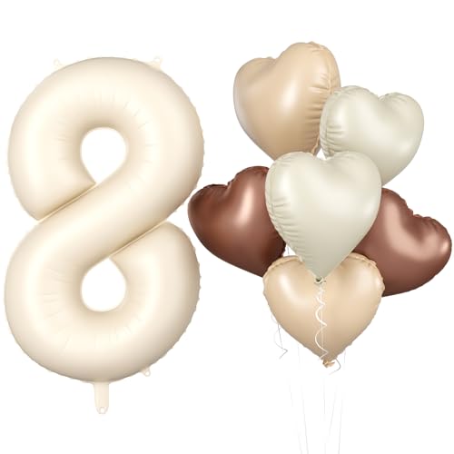 Luftballon 8. Geburtstag, 40 Zoll Beige Zahl 8 Luftballon, XXL Cremefarbene Nummer 8 Folienballon Braune Aprikosen Herzluftballons Neutraler für Jungen Mädchen Babyparty 8. Geburtstag Party Deko von Biapian