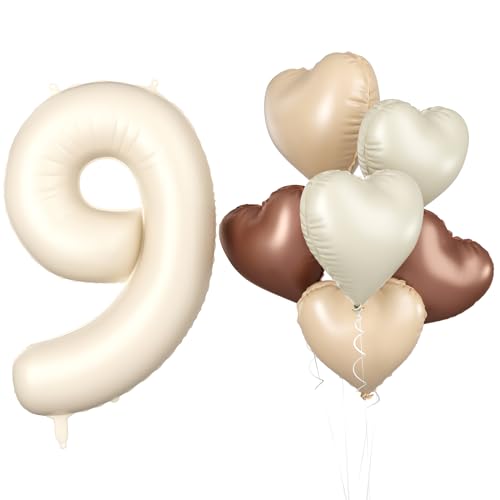 Luftballon 9. Geburtstag, 40 Zoll Beige Zahl 9 Luftballon, XXL Cremefarbene Nummer 9 Folienballon Braune Aprikosen Herzluftballons Neutraler für Jungen Mädchen Babyparty 9. Geburtstag Party Deko von Biapian
