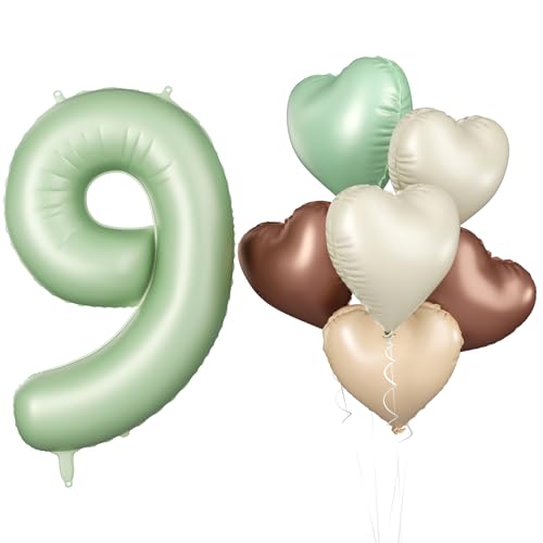 Luftballon 9. Geburtstag, 40 Zoll Salbeigrün Zahl 9 Luftballon, XXL Olivgrün Nummer 9 Folienballon Beige Braune Aprikosen Herzluftballons für Jungen Mädchen Babyparty 9. Geburtstag Party Deko von Biapian