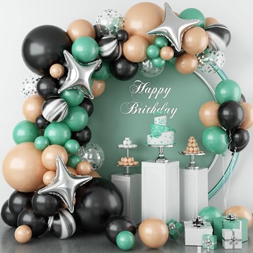 Luftballons Girlande Grün Silber Schwarz, Salbeigrün, Metallic-Silber, Konfetti, Silberstern, Latex-Ballons, Bogen-Set für Party, Geburtstag, Abschlussfeier, Jahrestag, Hochzeit, Dekoration von Biapian