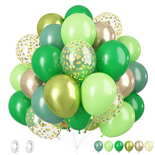 Luftballons Grün Gold, 60 Stück Dschungel Grüne Luftballons, 12 Zoll Salbeigrün Fruchtgrün Latexballons Metallic Gold Konfetti Ballons für Dschungel Safari Dinosaurier Geburtstagsfeier Babyparty Deko von Biapian