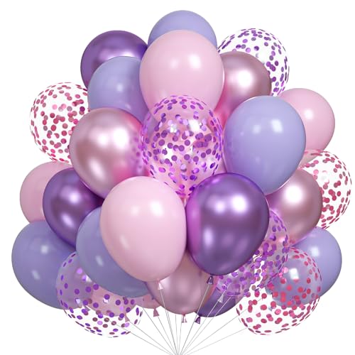 Luftballons Lila Rosa, 60 Stück Rosa Lila Konfetti Ballons, Metallic Violett Ballons Macaron Latex Luftballons Geburtstag Party Luftballons für Mädchen Geburtstag Babyparty Hochzeit Prinzessinnen Deko von Biapian