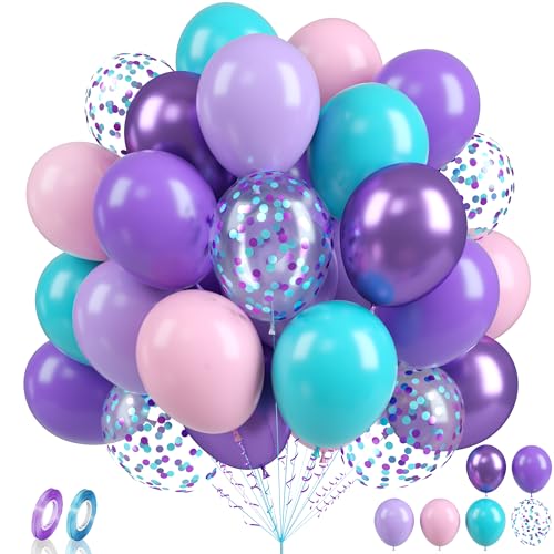Luftballons Meerjungfrau, 60 Stück Lila Rosa Blau Luftballons, 12 Zoll Metallic Lila Blau Latexballons, Meerjungfrau Konfetti Ballons für Mädchen Meerjungfrauen Geburtstag Babyparty Hochzeit Deko von Biapian