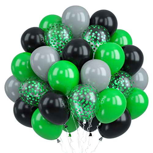 Luftballons Schwarz Grün, 30 Stück Luftballons Konfetti Grün, Grün grau Schwarz Ballons Latex Luftballon Helium Gamer Geburtstag Deko für Video Fussball Deko Geburtstag Jungen Babyparty Hochzeitsdeko von Biapian