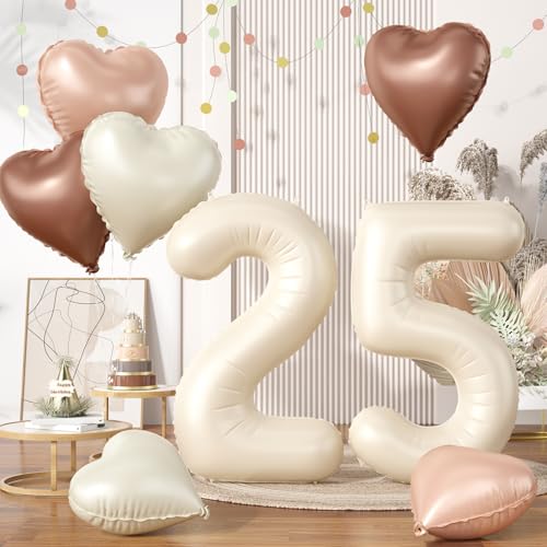 Luftballons Zahlen 25, Beige Creme Ballon Zahl 25 Geburtstagsdeko, Aprikose Braun Herz Luftballons Hochzeit Deko, Nude Neutraler Folienballon Helium für Frauen 25. Geburtstag Jubiläum Party Dekoration von Biapian