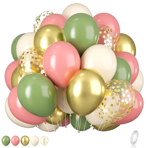 Rosa grüne Luftballons, 12 Zoll Luftballons in Salbeigrün Altrosa MetallicGold KonfettiLuftballons in Olivgrün Rosa Sand Weißgold für DschungelGeburtstage Babypartys Hochzeitsfeiern Dekorationen von Biapian