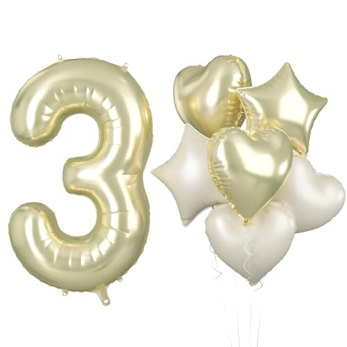 XXL Gold Luftballon Zahl 3, 40 Zoll Hellgold Folienballon Zahlen 3, Zahlenballon 3. Geburtstag Dekoration mit Beige Creme Herz Ballons Helium für Kinder 3 Geburtstagsdeko Hochzeit Jubiläum Party Deko von Biapian