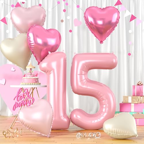 XXL Rosa Luftballon Zahl 15, 40 Zoll Pastell Rosa Folienballon Zahlen 15, Zahlenballon 15. Geburtstag Dekoration mit Herz Ballons Helium für Mädchen 15 Geburtstagsdeko Hochzeit Jubiläum Party Deko XXL Rosa Luftballon Zahl 15, 40 Zoll Pastell Rosa Folienballon Zahlen 15, Zahlenballon 15. Geburtstag Dekoration mit Herz Ballons Helium für Mädchen 15 Geburtstagsdeko Hochzeit Jubiläum Party Deko von Biapian