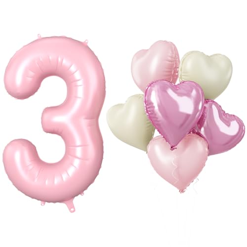 XXL Rosa Luftballon Zahl 3, 40 Zoll Pastell Rosa Folienballon Zahlen 3, Zahlenballon 3. Geburtstag Dekoration mit Herz Ballons Helium für Kinder Mädchen 3 Geburtstagsdeko Hochzeit Jubiläum Party Deko von Biapian