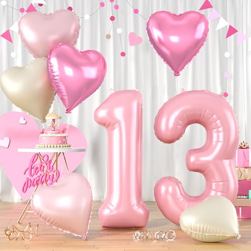 Zahlen Luftballon 13 Rosa, Riesen Hell Rosa Folienballon Zahl für Mädchen, 40 Zoll Helium Zahlenballon mit Herzluftballons 13. Geburtstag Deko für Kinder 13 Jahre Jubiläum Hochzeit Party Dekoration von Biapian