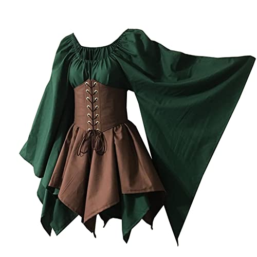 Damen Traditionelles irisches Kleid Renaissance Mittelalter Kostüm Flare Ärmel Korsett Halloween Viktorianisch Kurz Kleid von Bichingda
