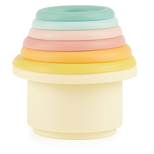 Bieco Silikon Baby Stapelbecher Tropical Vibes Baby Stapelturm ab 1 Jahr | Stapelbecher Baby bpa frei | Baby Stapelbecher | Stapelturm Baby Stapelspielzeug Stapelsteine Baby Mädchen Spielzeug von Bieco