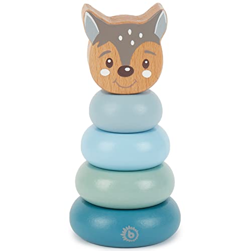 Bieco Stapelturm Holz REH | 13,5 cm, Blau-Grün | Steckspiel ab 1 Jahre | 5 TLG. Steckpyramide | Modernes Holzspielzeug Baby | Bausteine Holz zum Stapeln | Motorikspielzeug Baby | Stapel Holzring Baby von Bieco