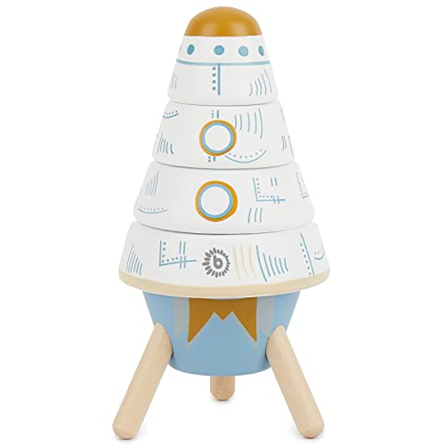 Bieco Stapelturm Holz Rakete, 16 cm | Steckspiel ab 1 Jahre | 5 tlg. Spielzeug Rakete Steckpyramide | Modernes Holzspielzeug Baby | Stapel Bausteine Holz | Motorikspielzeug Baby | Stapel Holzring Baby von Bieco