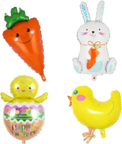 4 Stück Ostern luftballons Hase Karotte Küken Ostereier Folienballon Happy Easter Party Osterküken Carrot Hasen Egg Ballon Osterdekoration von Big Eye Owl