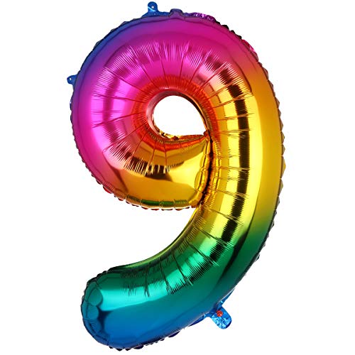 100CM Riesen Regenbogen Zahl 9 Folien Luftballons Number Mylar Helium Zahlenballon Hochzeit Geschenk-Deko Einhorn Geburtstag Party Dekoration für Mädchen Junge von Big Eye Owl