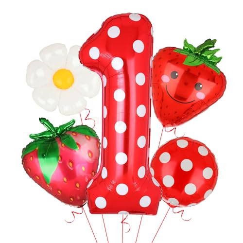 Folienballons zum 1. Geburtstag, 101,6 cm, süße Geburtstagsdekoration für Mädchen, rote Punkte, Erdbeere, Zahl 1, Mylar-Ballon, Gänseblümchen, Obst, Beere, Partyzubehör, 5 Stück Folienballons zum 1. Geburtstag, 101,6 cm, süße Geburtstagsdekoration für Mädchen, rote Punkte, Erdbeere, Zahl 1, Mylar-Ballon, Gänseblümchen, Obst, Beere, Partyzubehör, 5 Stück von Big Eye Owl