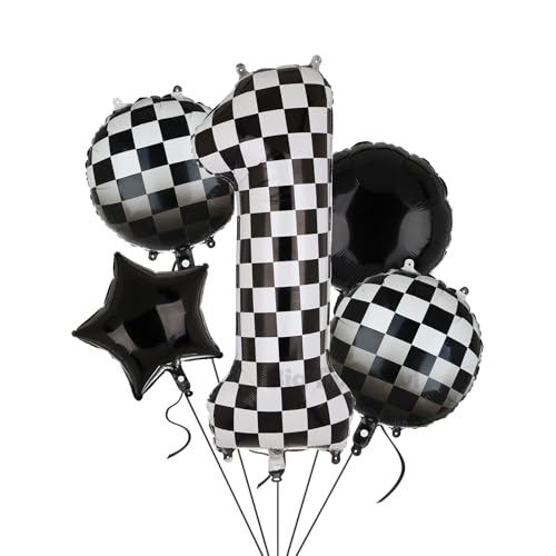 XXL Checkered Zahl 1 Folienballons Schwarz Weiß Rennauto Ballon 5 Stück Mylar Helium Zahlen 1 Rennwagen Autos Luftballon Party Deko Geburtstags Race Car Theme 100cm XXL Checkered Zahl 1 Folienballons Schwarz Weiß Rennauto Ballon 5 Stück Mylar Helium Zahlen 1 Rennwagen Autos Luftballon Party Deko Geburtstags Race Car Theme 100cm von Big Eye Owl