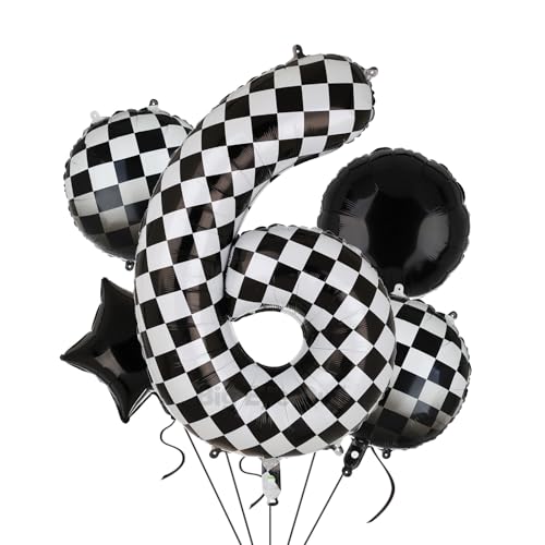 XXL Checkered Zahl 6 Folienballons Schwarz Weiß Rennauto Ballon 5 Stück Mylar Helium Zahlen 6 Rennwagen Autos Luftballon Party Deko Geburtstags Race Car Theme 100cm von Big Eye Owl