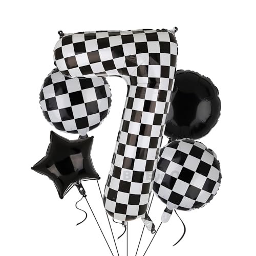 XXL Checkered Zahl 7 Folienballons Schwarz Weiß Rennauto Ballon 5 Stück Mylar Helium Zahlen 7 Rennwagen Autos Luftballon Party Deko Geburtstags Race Car Theme 100cm von Big Eye Owl
