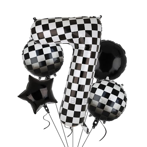 XXL Checkered Zahl 7 Folienballons Schwarz Weiß Rennauto Ballon 5 Stück Mylar Helium Zahlen 7 Rennwagen Autos Luftballon Party Deko Geburtstags Race Car Theme 100cm von Big Eye Owl