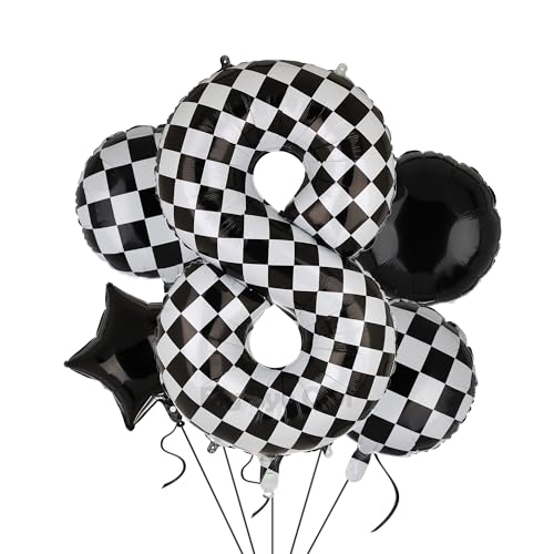 XXL Checkered Zahl 8 Folienballons Schwarz Weiß Rennauto Ballon 5 Stück Mylar Helium Zahlen 8 Rennwagen Autos Luftballon Party Deko Geburtstags Race Car Theme 100cm von Big Eye Owl