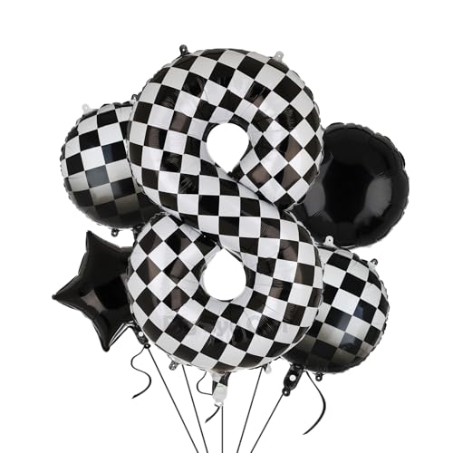XXL Checkered Zahl 8 Folienballons Schwarz Weiß Rennauto Ballon 5 Stück Mylar Helium Zahlen 8 Rennwagen Autos Luftballon Party Deko Geburtstags Race Car Theme 100cm von Big Eye Owl