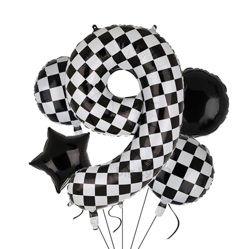 XXL Checkered Zahl 9 Folienballons Schwarz Weiß Rennauto Ballon 5 Stück Mylar Helium Zahlen 9 Rennwagen Autos Luftballon Party Deko Geburtstags Race Car Theme 100cm von Big Eye Owl