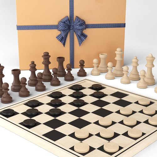 Big Game Hunters Schach und Dame aus Holz, tragbar, 30 x 30 cm, Klappbrett mit hochwertigen Kiefernstücken von Big Game Hunters