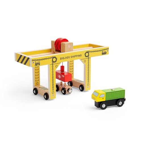 Bigjigs Rail - Arbeiten Gantry Crane - Holzkranspielzeug & Container Lorry, Learn & Play Accessoire für Zugsets und Autos, Kinderbahn- und Straßenstreckenzubehör, 3 Jahre alt + von Bigjigs Rail