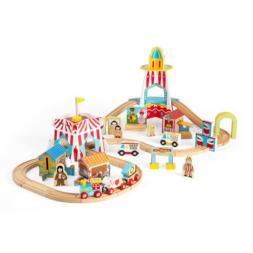 Bigjigs Rail - Fun Fair Zug -Set - 54 Spielstücke Holzkarnevals -Zug, Kinderzüge und Eisenbahnsets, Spielzeug und Geschenke für Kleinkinder, hergestellt aus nachhaltigem Holz, Alter 3 Jahre alt + von Bigjigs Rail