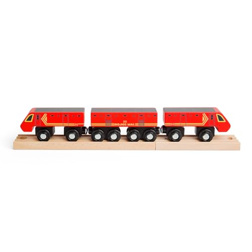 Bigjigs Rail - Roter Postzug - Holzzüge für Kinder, Zugspielzeugzubehör, Kleinbahn -Sets, 3 Kutschen und 2 Schienenstücke, magnetische Kupplungen, 3+ Jahre alt von Bigjigs Rail