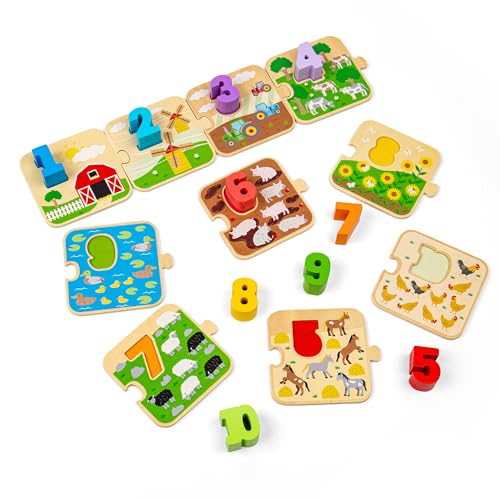 Bigjigs Toys - 1-10 Fliesen -Puzzle 20 Spielstücke - Holzzählungen und Zahlenrätsel für Kinder, Fliesen mit Bauernhyard -Themen, Montessori -Mathematikspiele, nachhaltige Kleinkindgeschenke, Alter 2 von Bigjigs Toys