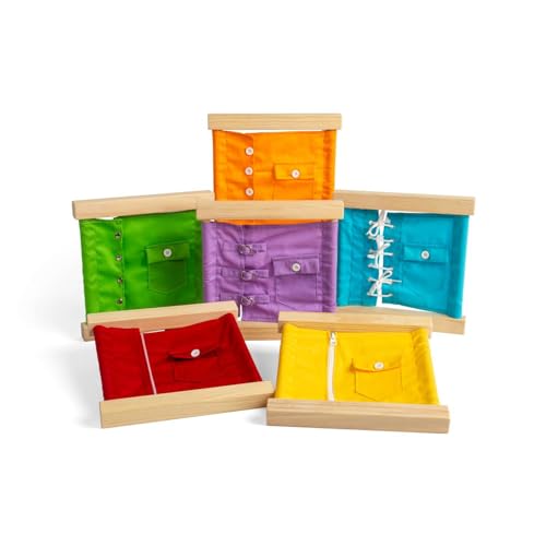 Bigjigs Toys Befestigungsrahmen – 6-teiliges Set zum Anziehen lernen, Holzbretter, pädagogisch und umweltfreundlich, Montessori-Geschenke für Kleinkinder und Kinder, ab 3 Jahren von Bigjigs Toys