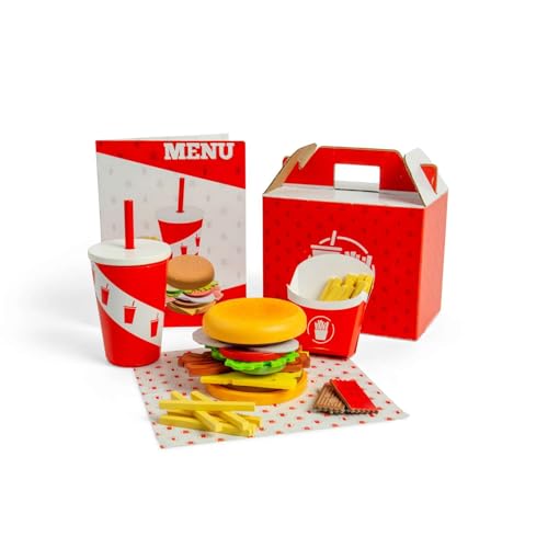 Bigjigs Toys Burger & Pommes Set - 48pcs Holz Lebensmittel Spielzeug für Kinder, Küche Pretend Play Sets & Zubehör, Umweltfreundliche Kindergeschenke, Alter 3 Jahre + von Bigjigs Toys