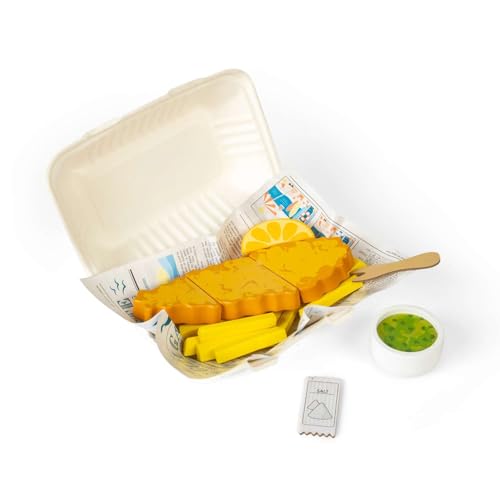 Bigjigs Toys Fish & Chips - 26-teiliges Holzschneide-Lebensmittel-Set mit interaktiver Zeitung, Koch- & Küchensets für Kinder, Kleinkind-Spielzubehör, Kindergeschenke, ab 12 Monaten von Bigjigs Toys