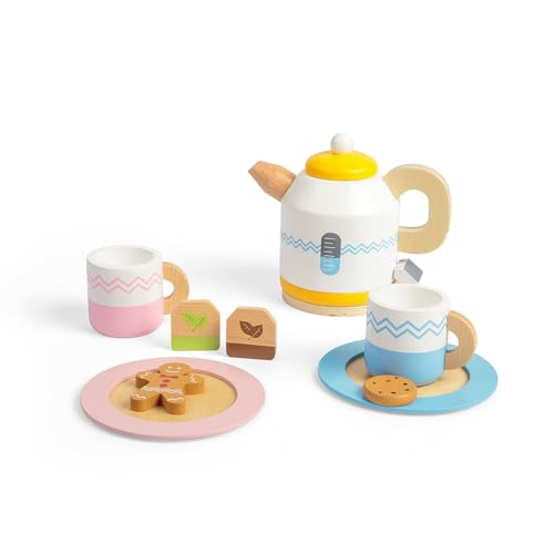 Bigjigs Toys - Holztee -Set für zwei - 10 Spielstücke Kinder -Teatime -Spielset (mit Wasserkocher, Teebeutel & Kekse), Kinderspielzeugküchenzubehör, Lebensmittelrollenspiel, Geschenke für Kleinkinder, von Bigjigs Toys