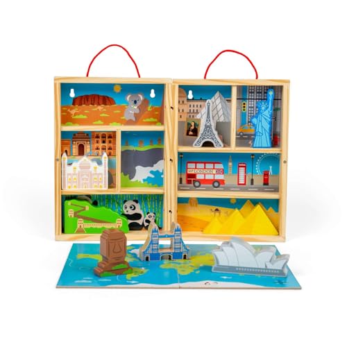 Bigjigs Toys Reise-Spielbox – 10-teiliges Holz-Spielset mit Weltsehenswürdigkeiten & ausklappbarer Spielmatte, Kleinkinder & Kinder, reisefreundliches Spielzeug, Frühjahre Montessori-Set für Kinder von Bigjigs Toys