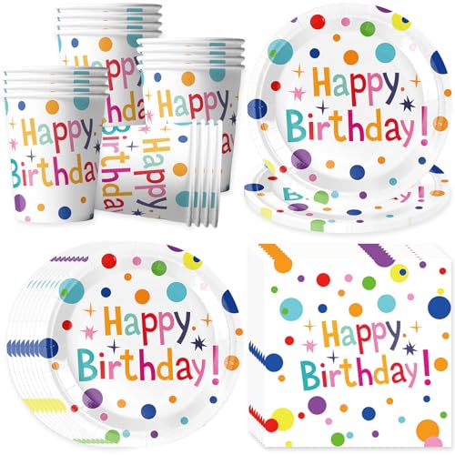 Bikasun Bunte Geburtstag Partygeschirr Set für 16 Gäste, Happy Birthday Partyteller Party Geschirr Set, Einweggeschirr Teller Becher Servietten Weiß Pappteller, Kinder Männer Frauen Geburtstag Deko von Bikasun