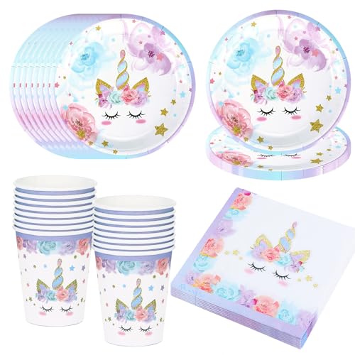Bikasun Einhorn Partygeschirr Set, 16 Gäste Einhorn Teller Set, Einhorn Geburtstag Geschirr, Kindergeburtstag Teller Becher Servietten Pappteller Party Deko von Bikasun