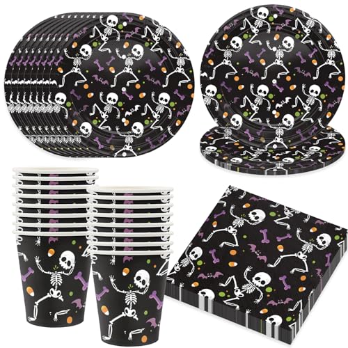 Bikasun Halloween Partygeschirr Set, 16 Gäste Halloween Party Geschirr Teller Set, Skelett Teller Becher Servietten Pappteller Skelett Schwarz Totenkopf Party Deko für Kinder von Bikasun
