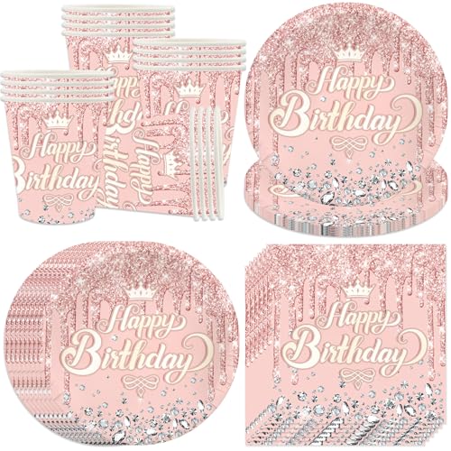 Bikasun Roségold Partygeschirr Set, 16 Gäste Rosegold Geburtstag Geschirr, Kindergeburtstag Teller Becher Servietten Pappteller Party Deko Mädchen, Tischdekoration für Hochzeitsfeiern von Bikasun
