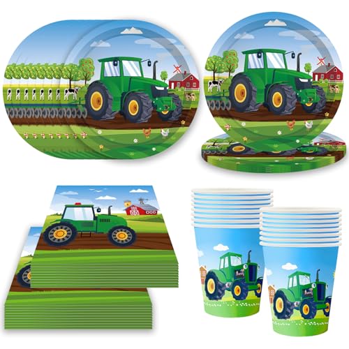 Bikasun Traktor Partygeschirr Kindergeburtstag Party Geschirrset Geburtstag Pappbecher Pappteller Servietten Tassen Papiergeschirr 16 Gäste, Geburtstagsdeko für Jungen Mädchen Partyzubehör (Grün) von Bikasun