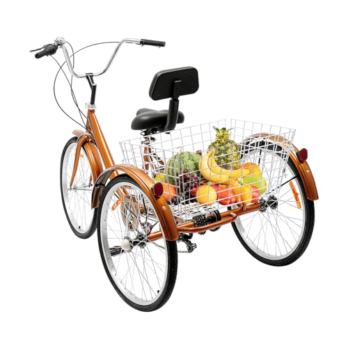 24 Zoll Dreirad für Erwachsene 6-Gang-Dreirad faltbar 3 Räder mit Rückenlehne und Korb Tragkraft 20 kg für Erwachsene Sitz verstellbar 100–110 cm Cruiser-Fahrrad zum Einkaufen (Gelb) von Biknltio