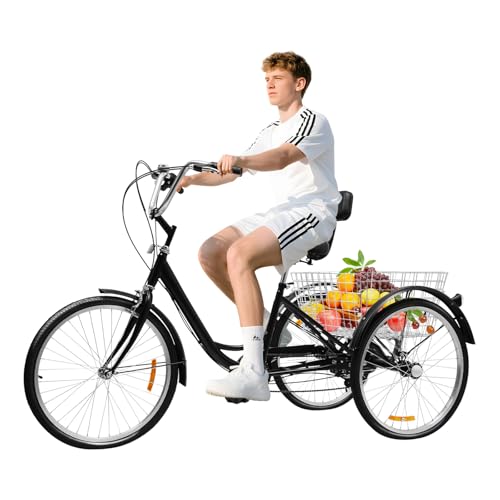 24 Zoll Dreirad für Erwachsene 6-Gang-Dreirad faltbar 3 Räder mit Rückenlehne und Korb Tragkraft 20 kg für Erwachsene Sitz verstellbar 100–110 cm Cruiser-Fahrrad zum Einkaufen (Schwarz) von Biknltio